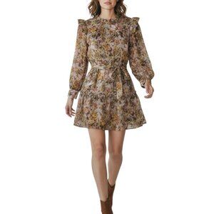 Greylin Floral Ruffle Long Sleeve Belted Dress Medium Multicolor